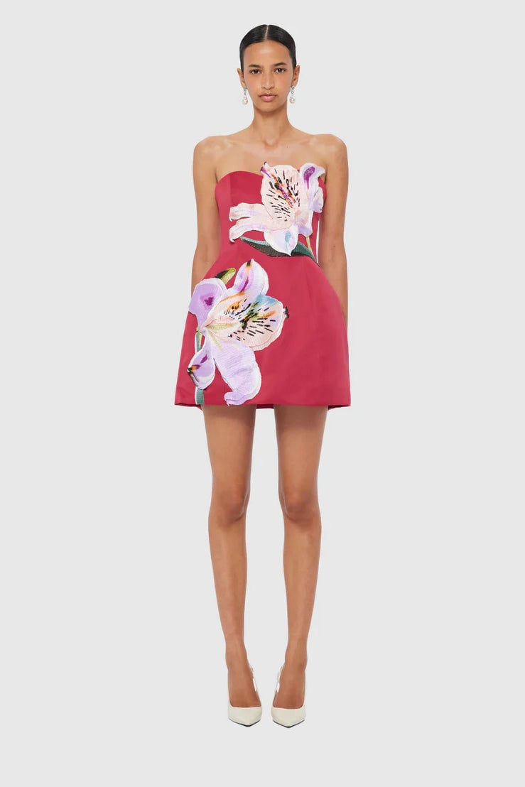 Leo Lin Rosario Appliqué Bustier Mini Dress - Lily Print in Oxblood photo 4