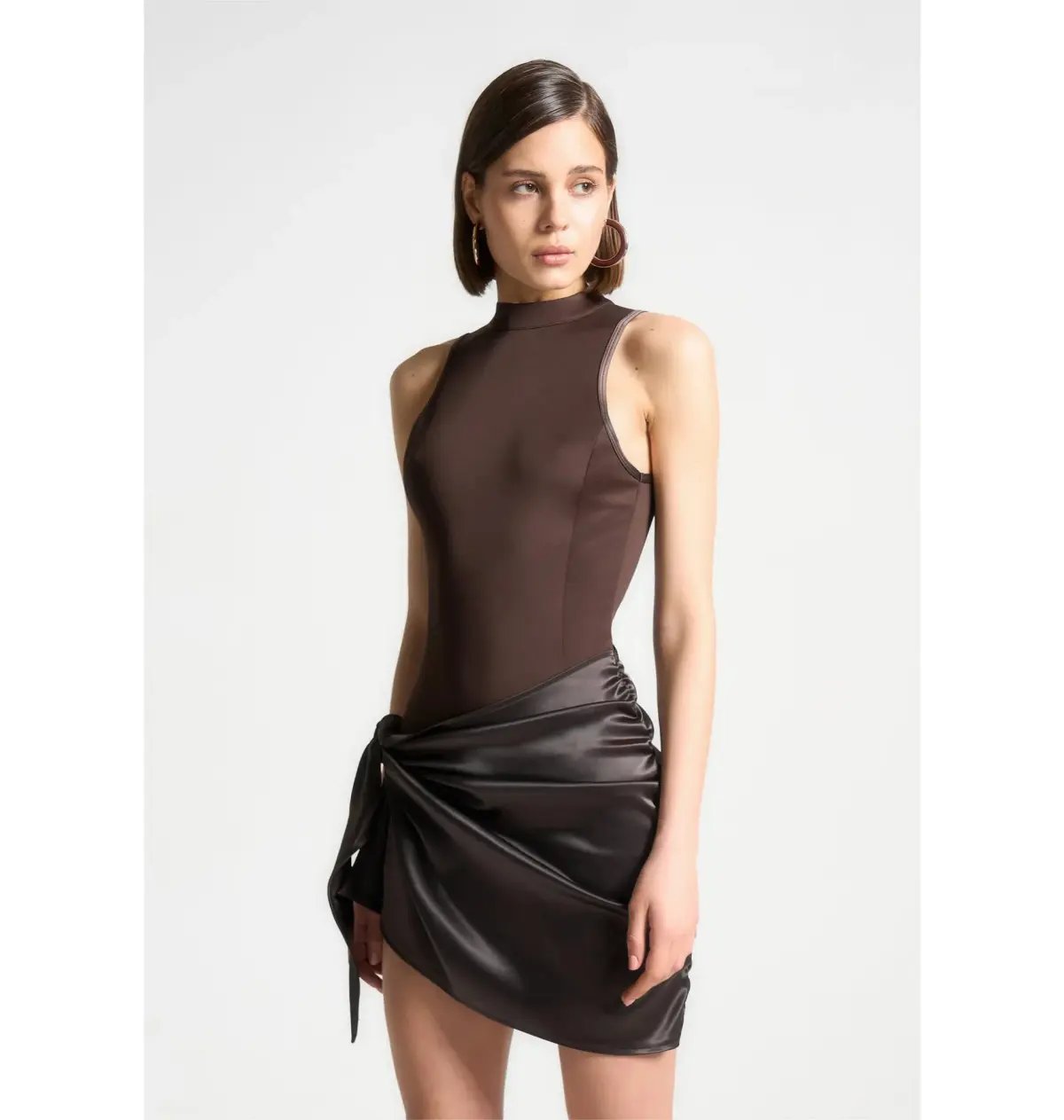 Maniere De Voir Neoprene & Satin Wrap Bodycon Dress Brown Size AU 8 photo 2