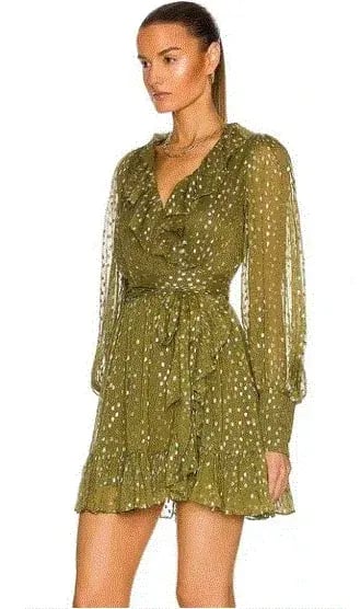 Zimmermann Lurex Wrap Mini Dress Khaki Size 1 / 10 AU photo 3
