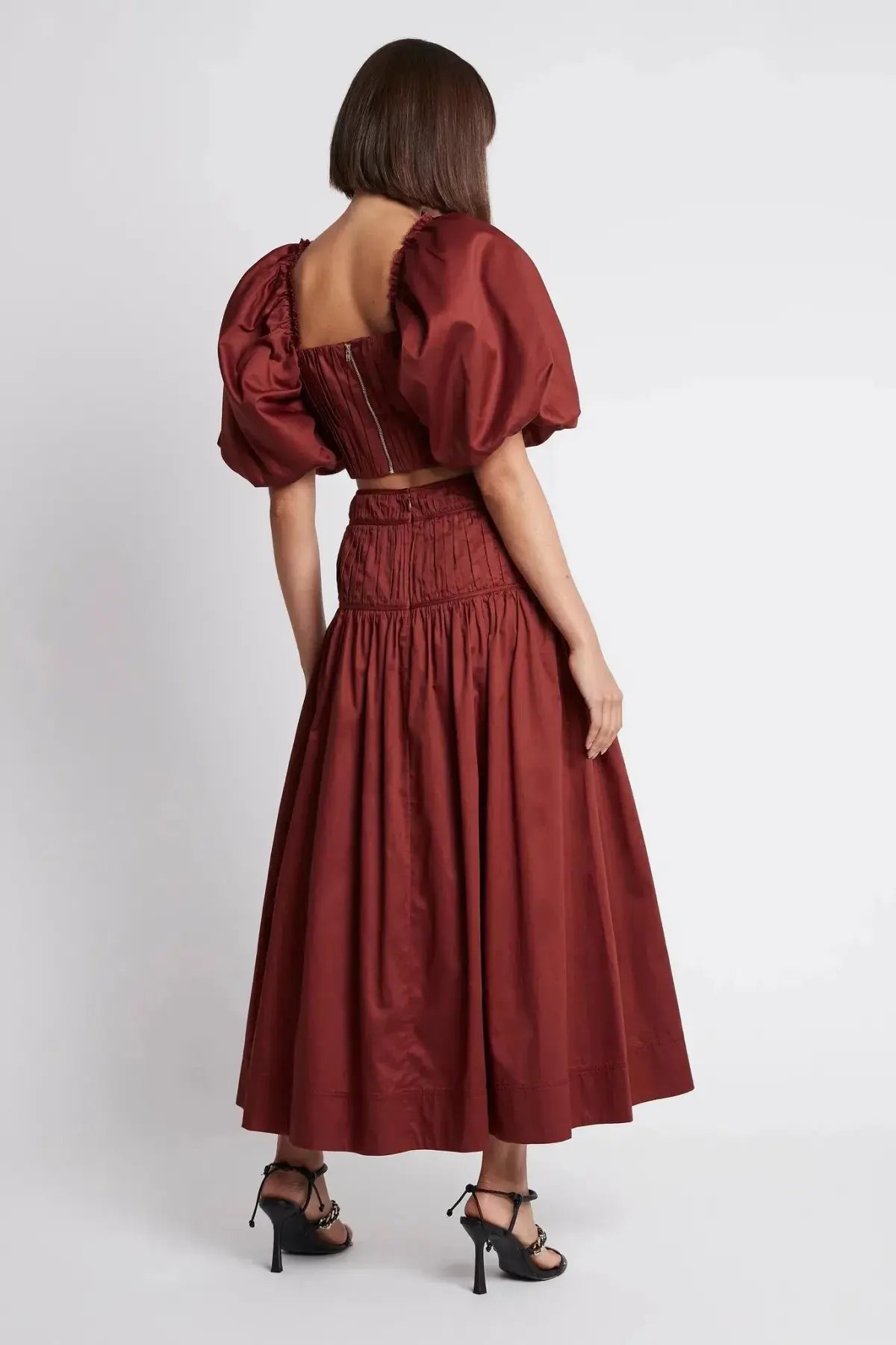 Aje Enamour Midi Skirt & Puffed Sleeve Cropped Top Set Burgundy Size 4 photo 2