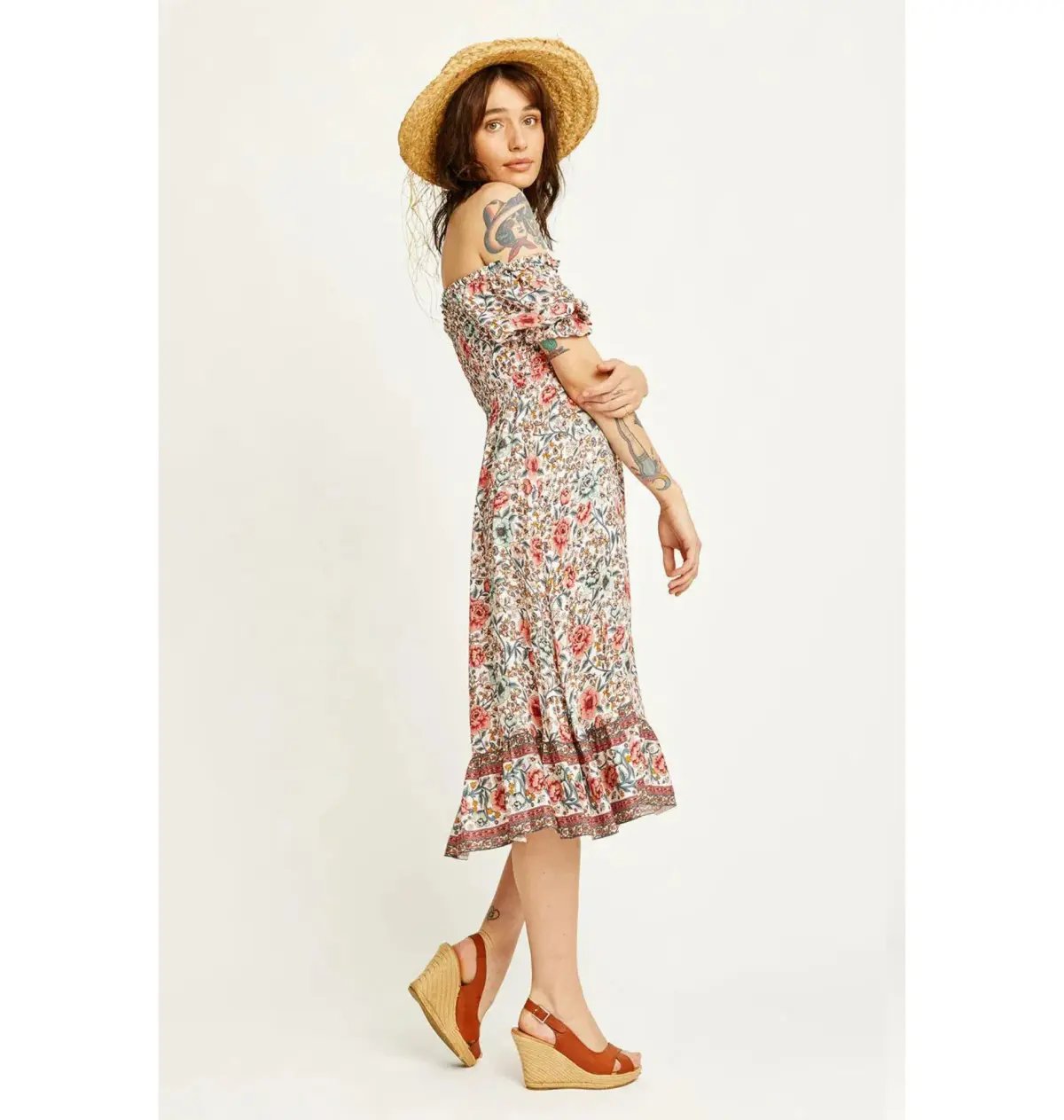 Arnhem Juliette Shirred Midi Dress in Ivory Rose Size AU 8 photo 2