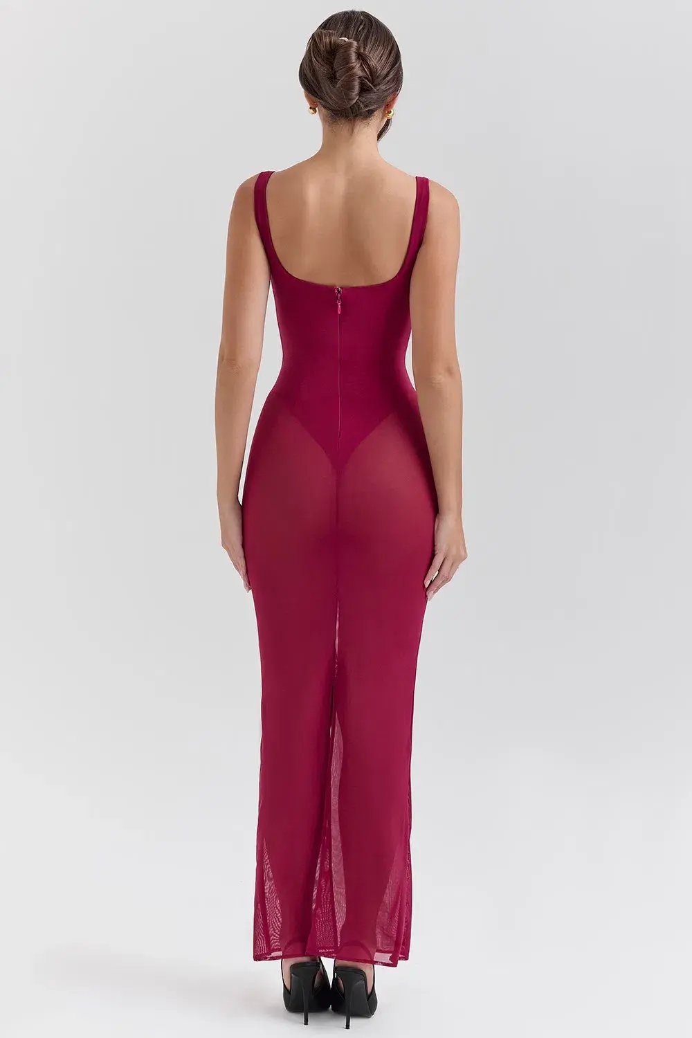 House of CB ROBINA Wine Stretch Mesh Maxi Dress in Burgundy  size AU 6 photo 5