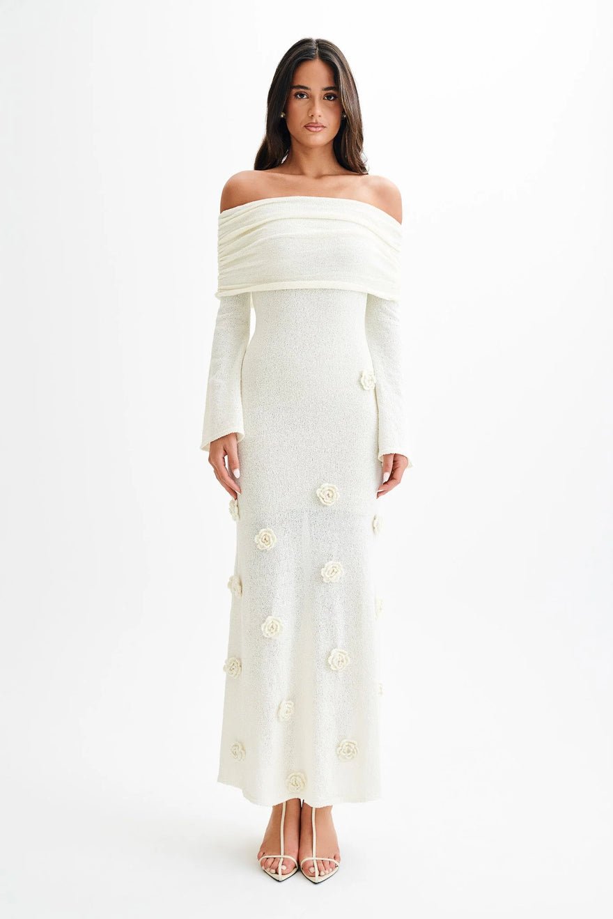 Meshki Kiki Off Shoulder Knit Rose Maxi Dress - Ivory photo 3