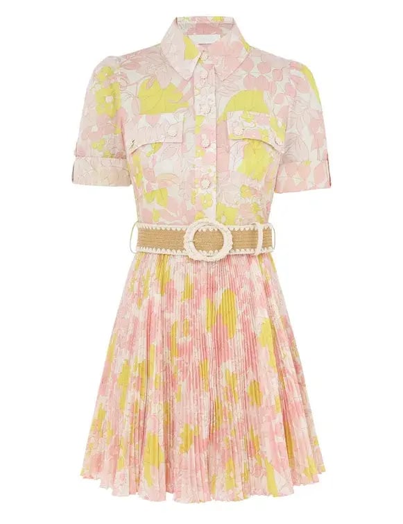 Zimmermann The Pop Pleated Mini Dress in Pink/Yellow Floral Size 0 / AU 8 photo 3