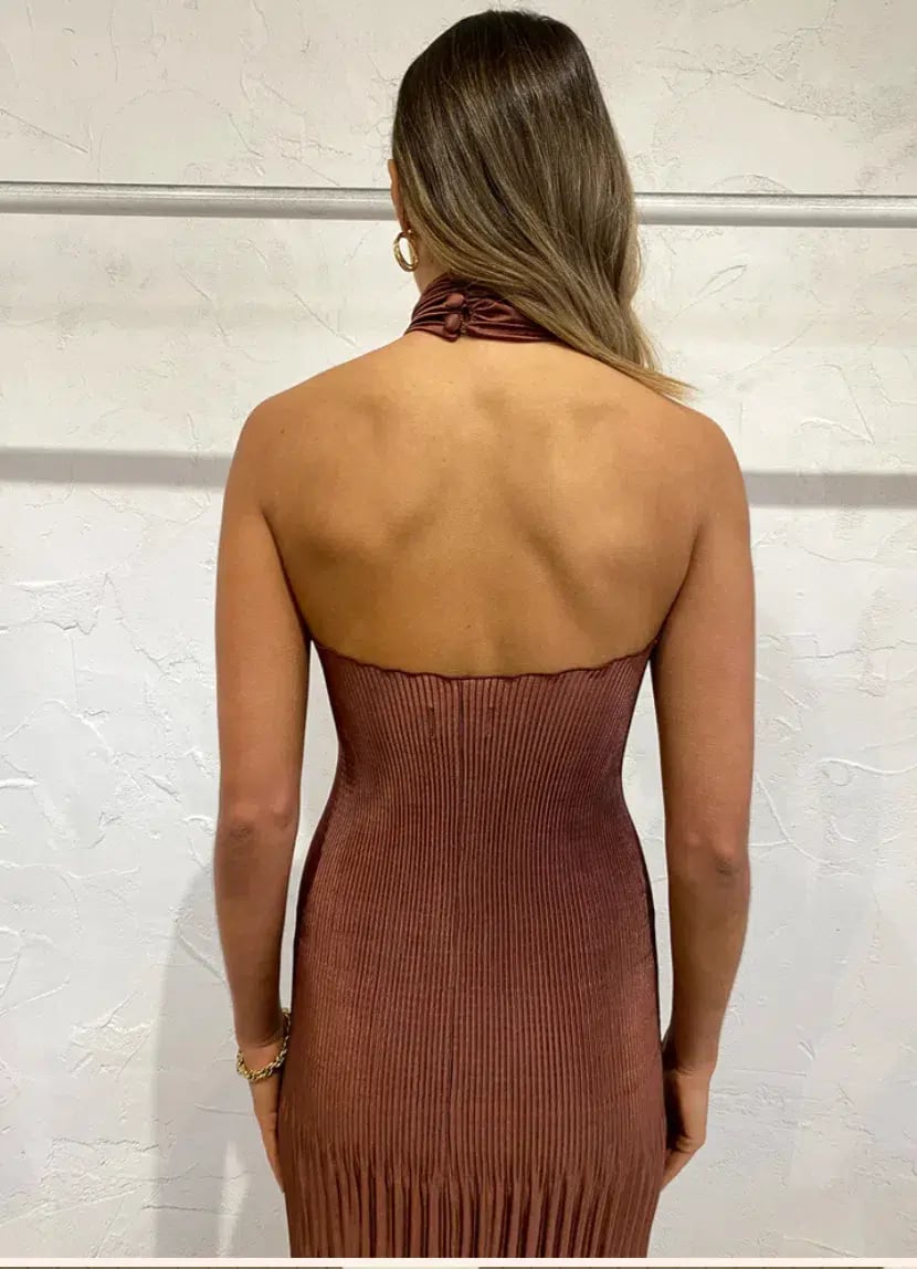 L'Idee Soiree Pleated Halter Dress in Chocolate Size 10 photo 7