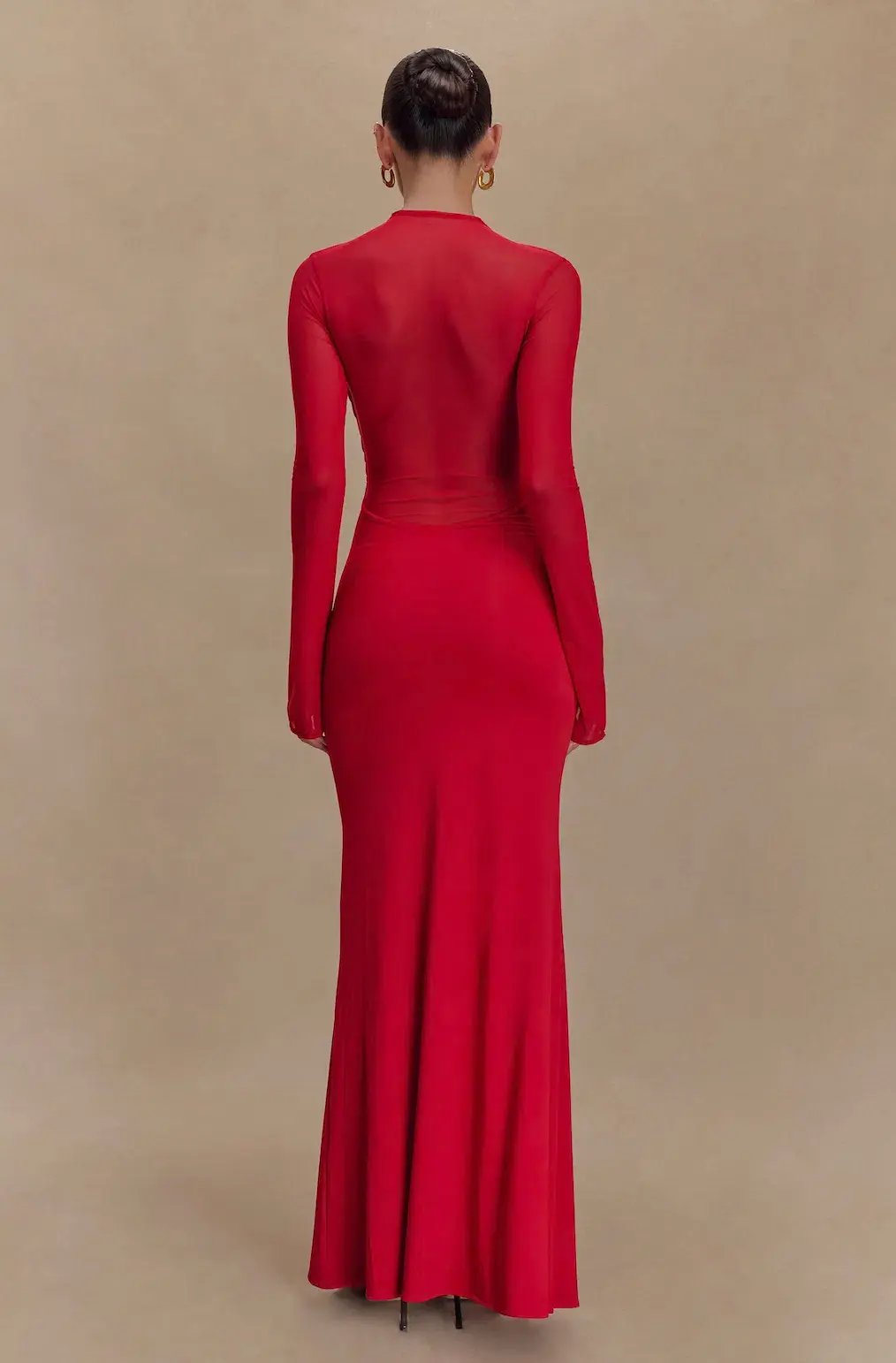 Meshki Tania Slinky And Mesh Long Sleeve Maxi Dress in Red Size 6 photo 3