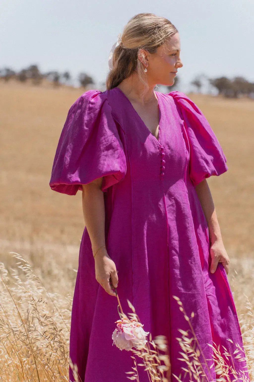 Aje Dusk Puff Sleeve Midi Dress Deep Magenta Size AU 16 photo 3