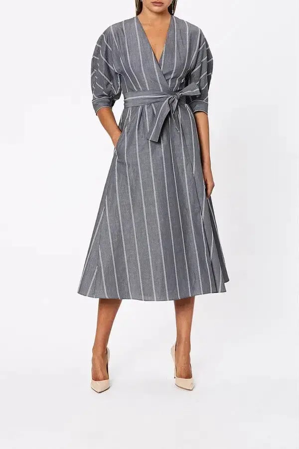 Scanlan Theodore The Stripe Cotton Wrap Dress Grey Size 6 photo 2