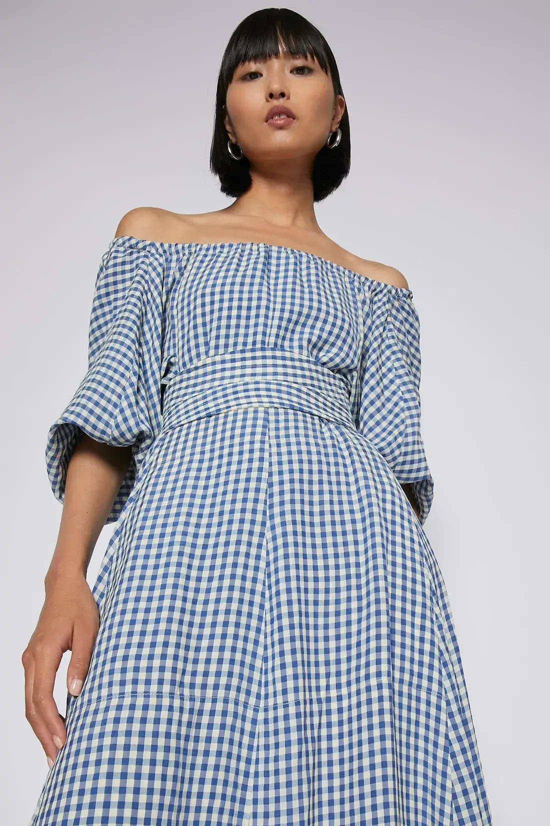 Scanlan Theodore Gingham Gathered Dress in Blue Natural Size 8 photo 2