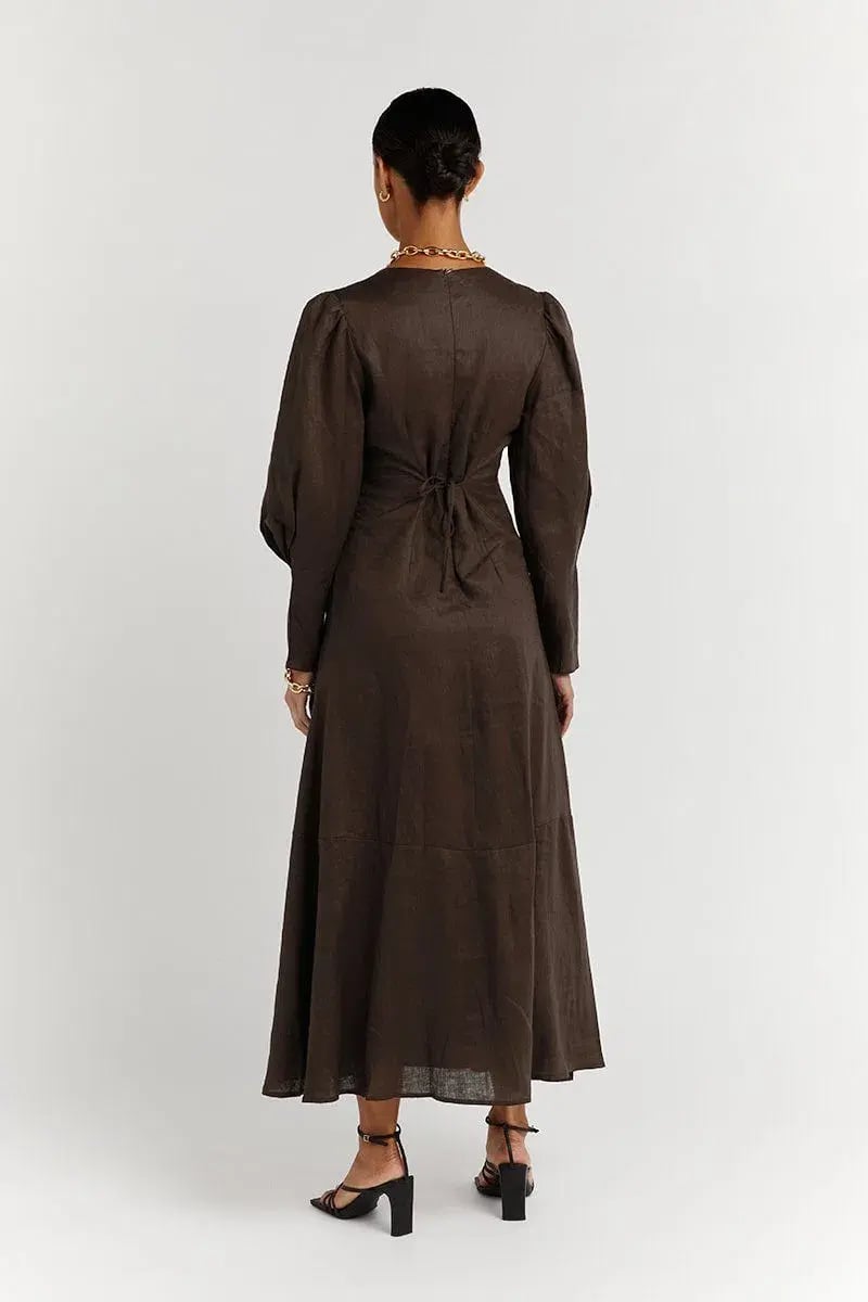 DISSH Wynn Dark Choc Linen Midi Dress Brown Size 8 photo 2