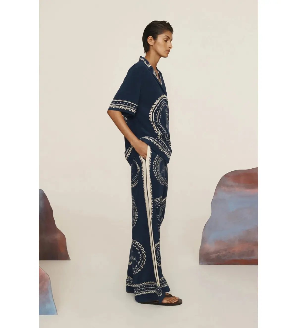 Alemais Oceane Silk Shirt and Pant Set Navy Print Size AU 8 photo 4