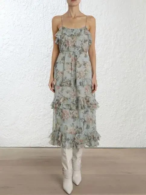 Zimmermann Dress Tempest Frolic Tiered Midi Dress Blue & Pink Size 14 photo 2