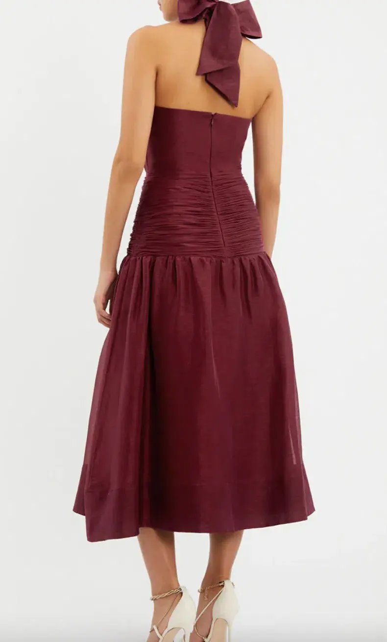 Rebecca Vallance Bordeaux Bow Midi Dress Ox Blood Size 8 photo 3