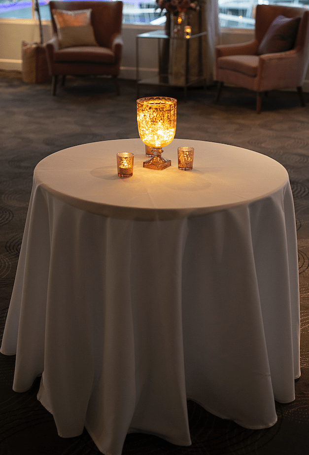 White Clothed Round Cafe, Cake or Signing Table photo 3