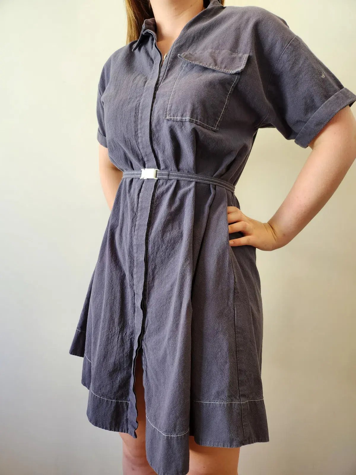 Cue Button Up Dress with Belt Navy Size 8 photo 3