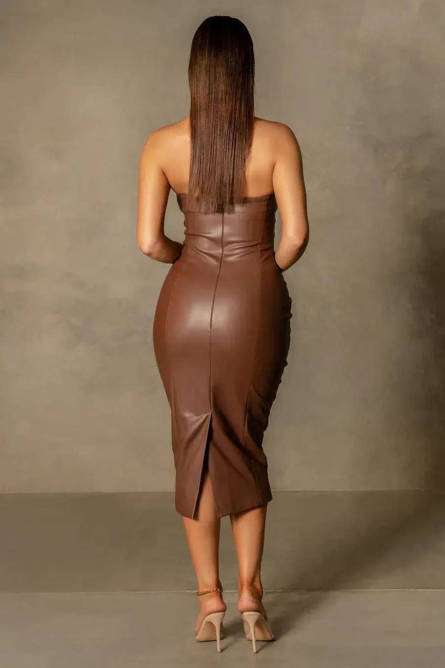 Meshki Pamela  Strapless Faux Leather Dress Brown Size S photo 2
