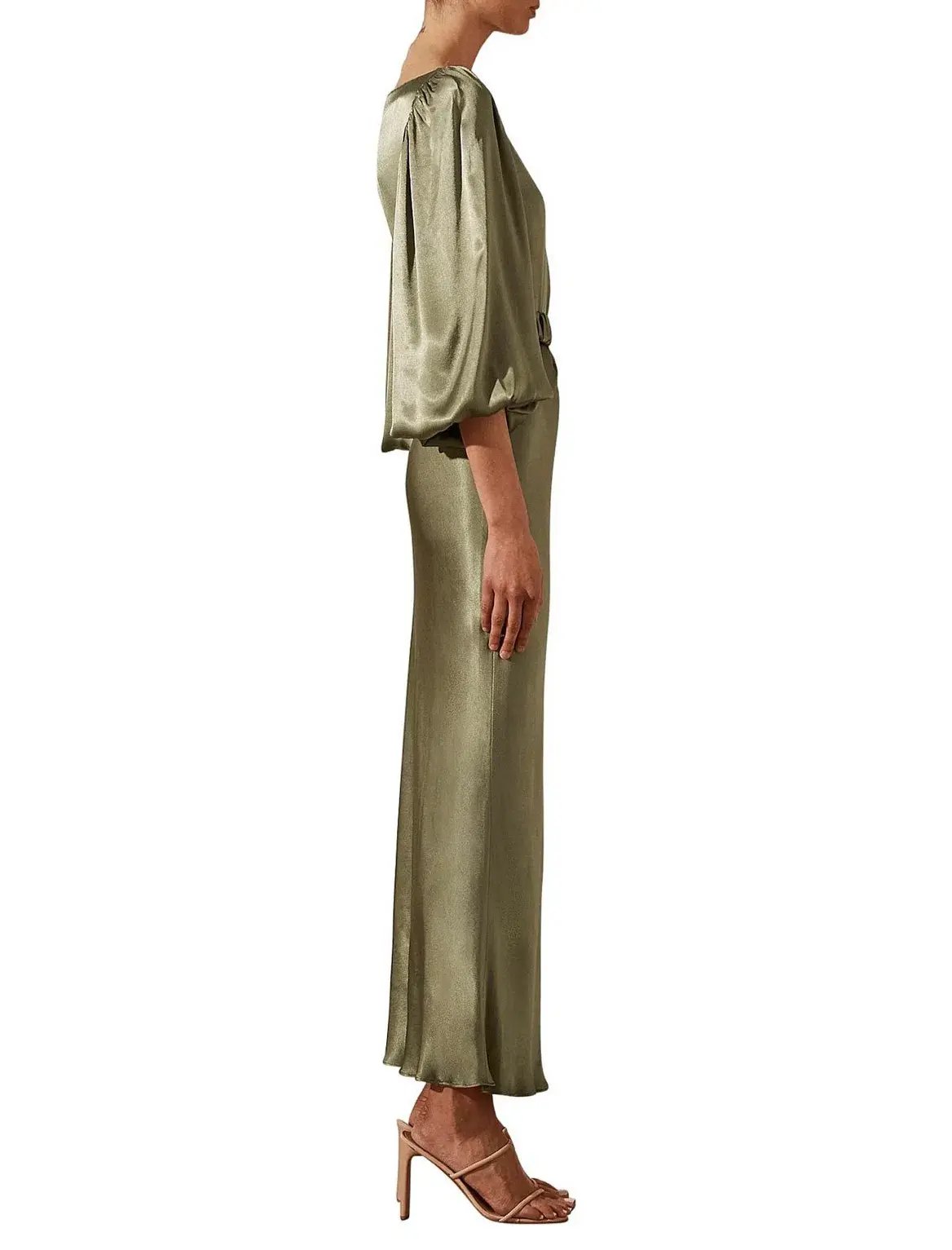 Shona Joy La Lune Balloon Sleeve Midi Dress With Belt in Moss Size 6 / XS photo 4