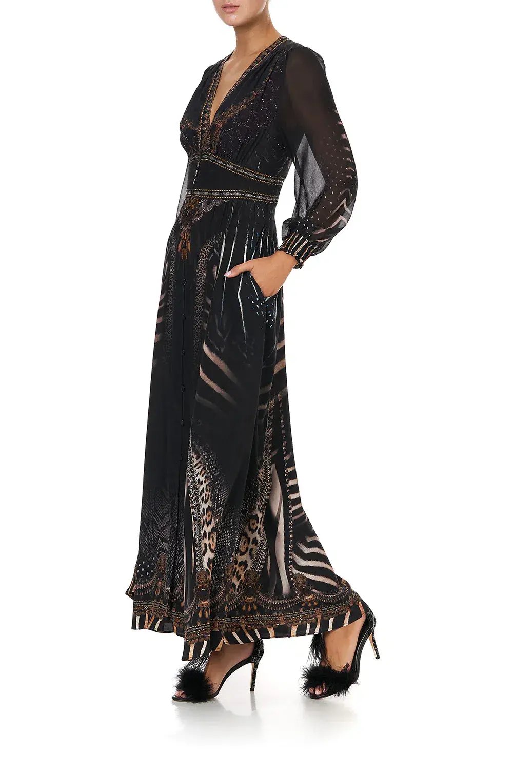 CAMILLA Silk Maxi Dress With Shaped Waistband Black Size S/Au 10 photo 5