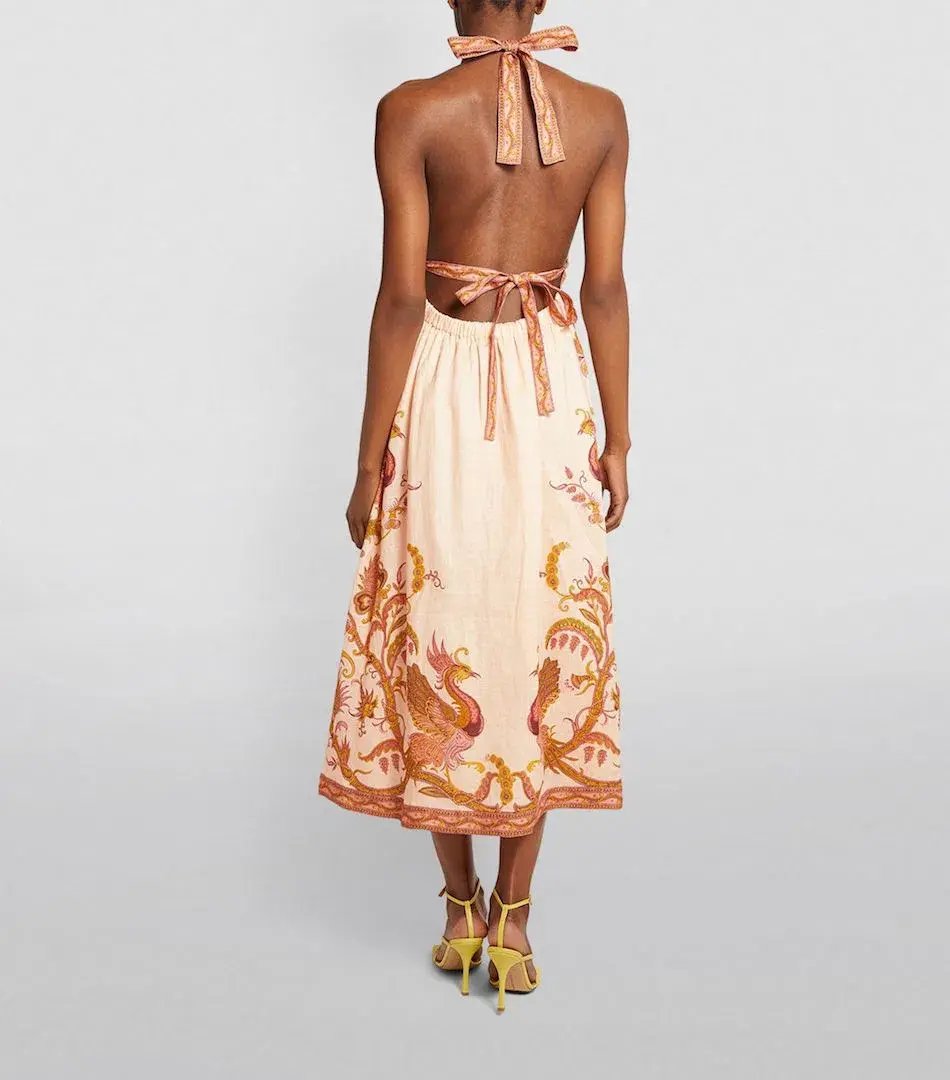 Zimmermann Cassia Halter Bow Midi Dress in Cream Bird Floral Size 6 photo 2