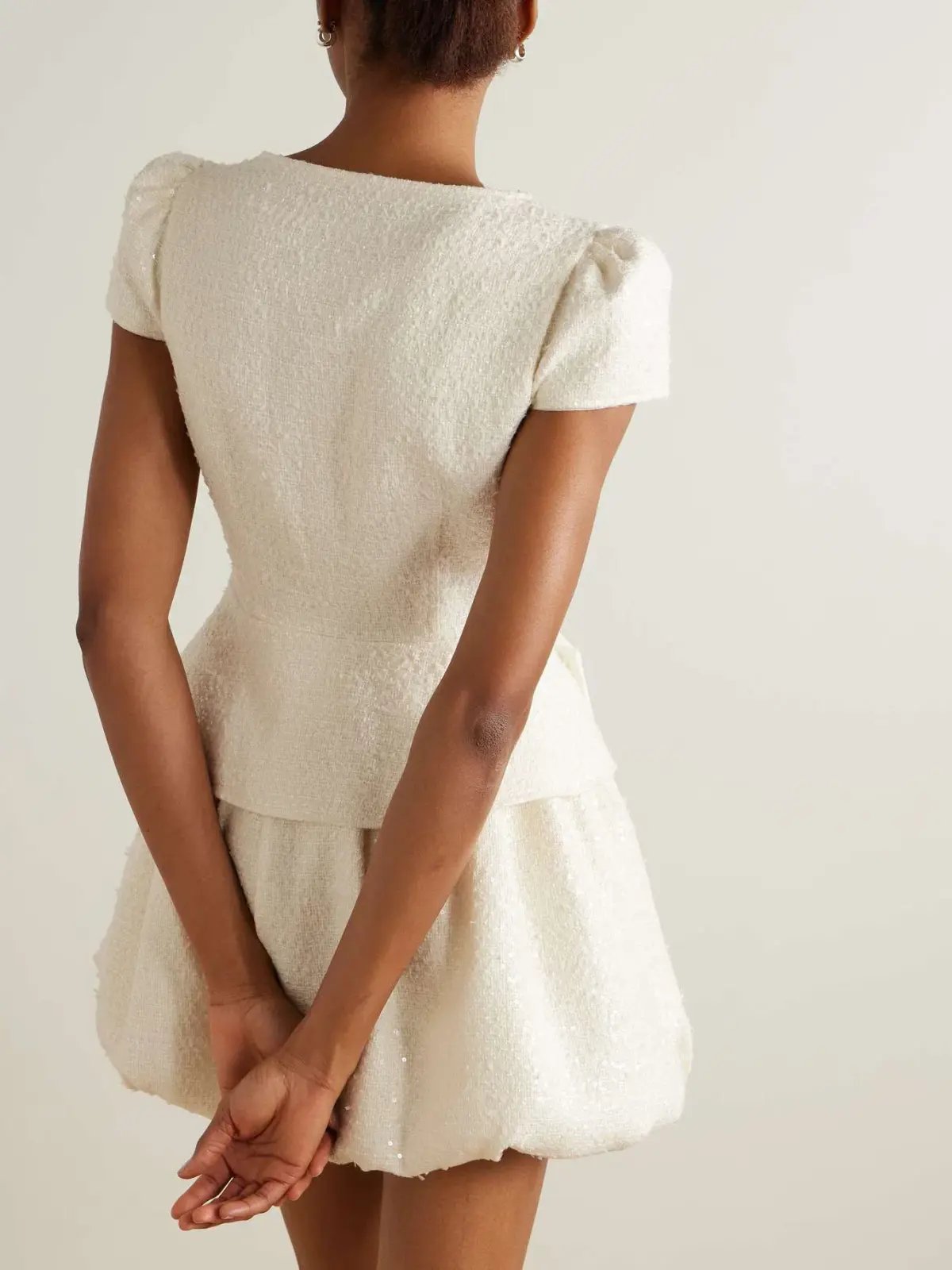Self Portrait Embellished Sequined Bouclé Mini Dress Cream Size 8 photo 3