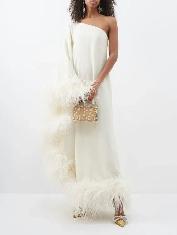 Taller Marmo Ubud One Shoulder Feather Trimmed Crepe Maxi Dress Ivory Size 38 / AU 6 photo 4