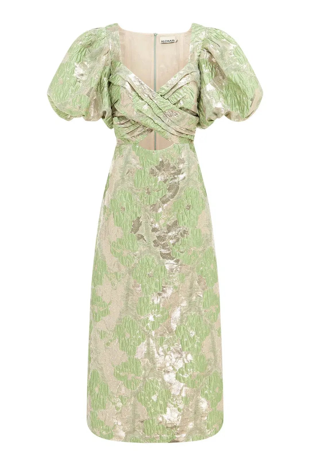 Alemais Mira Puff Sleeve Midi Dress Green Silver Size 14 photo 4