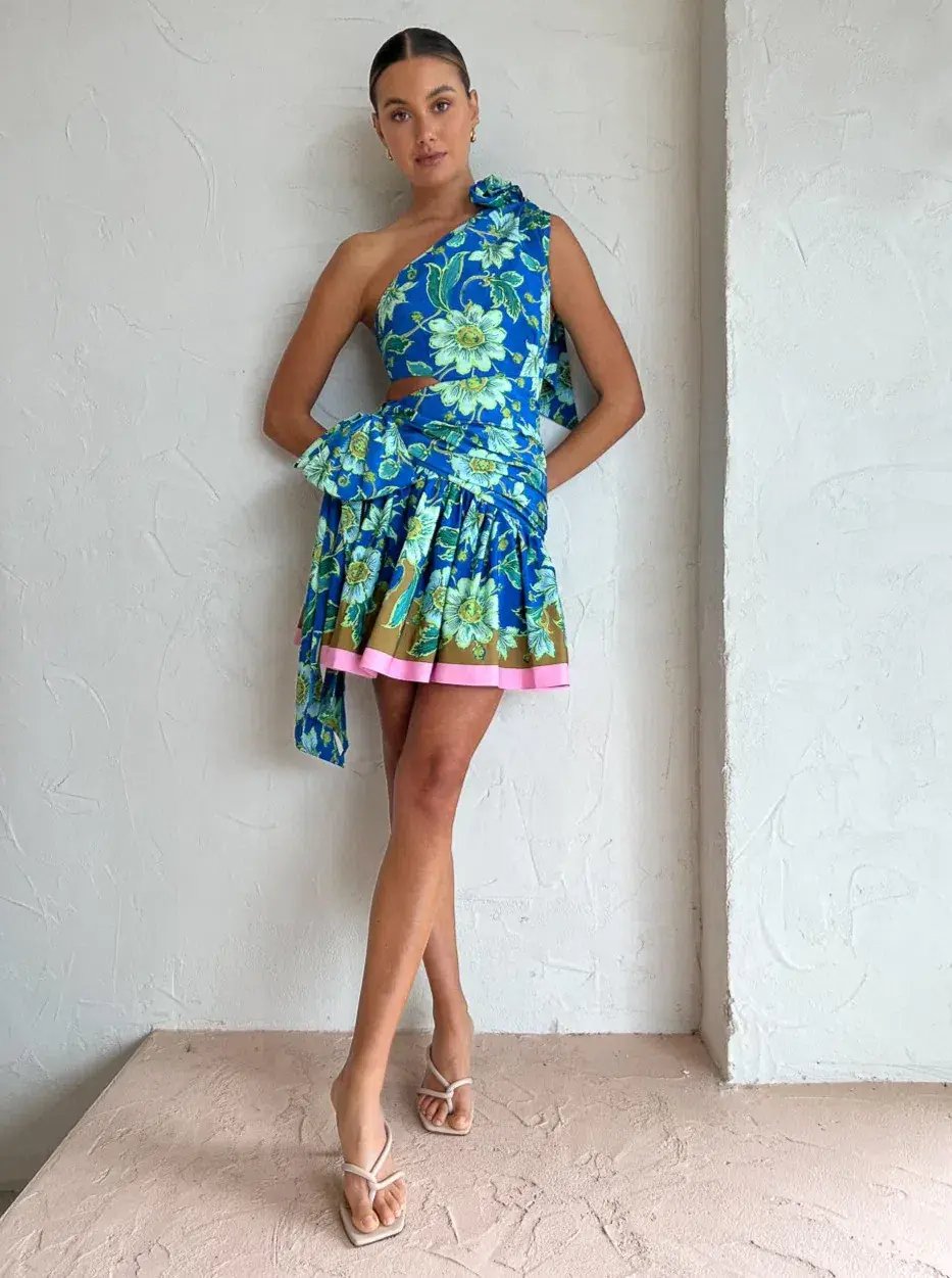 Alemais Winnie One Shoulder Mini Dress Blue Floral Print Size 10 photo 3