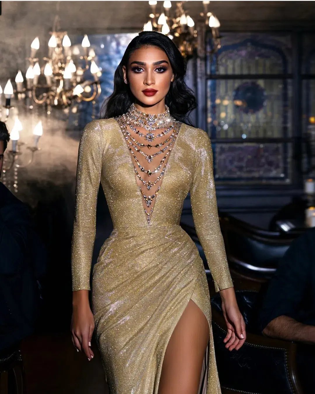 Sadek Majed Long Sleeve Gold Gown Size 8 photo 2