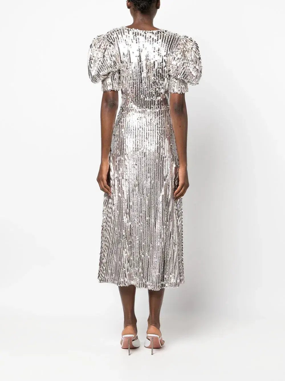 Rotate Puff Sleeve Sequin Midi Dress Silver Size 34/ AU 6 photo 3