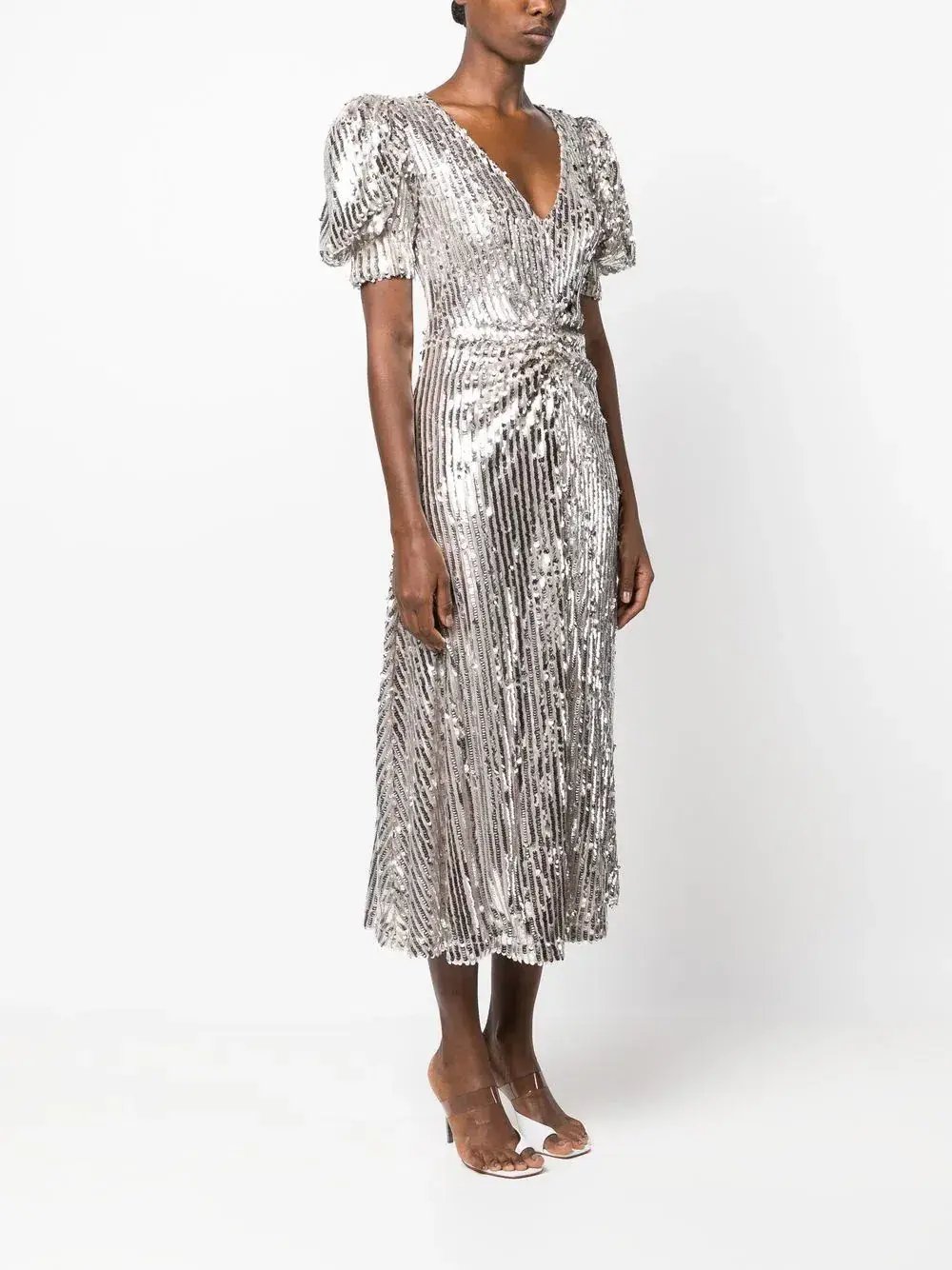 Rotate Puff Sleeve Sequin Midi Dress Silver Size 34/ AU 6 photo 2