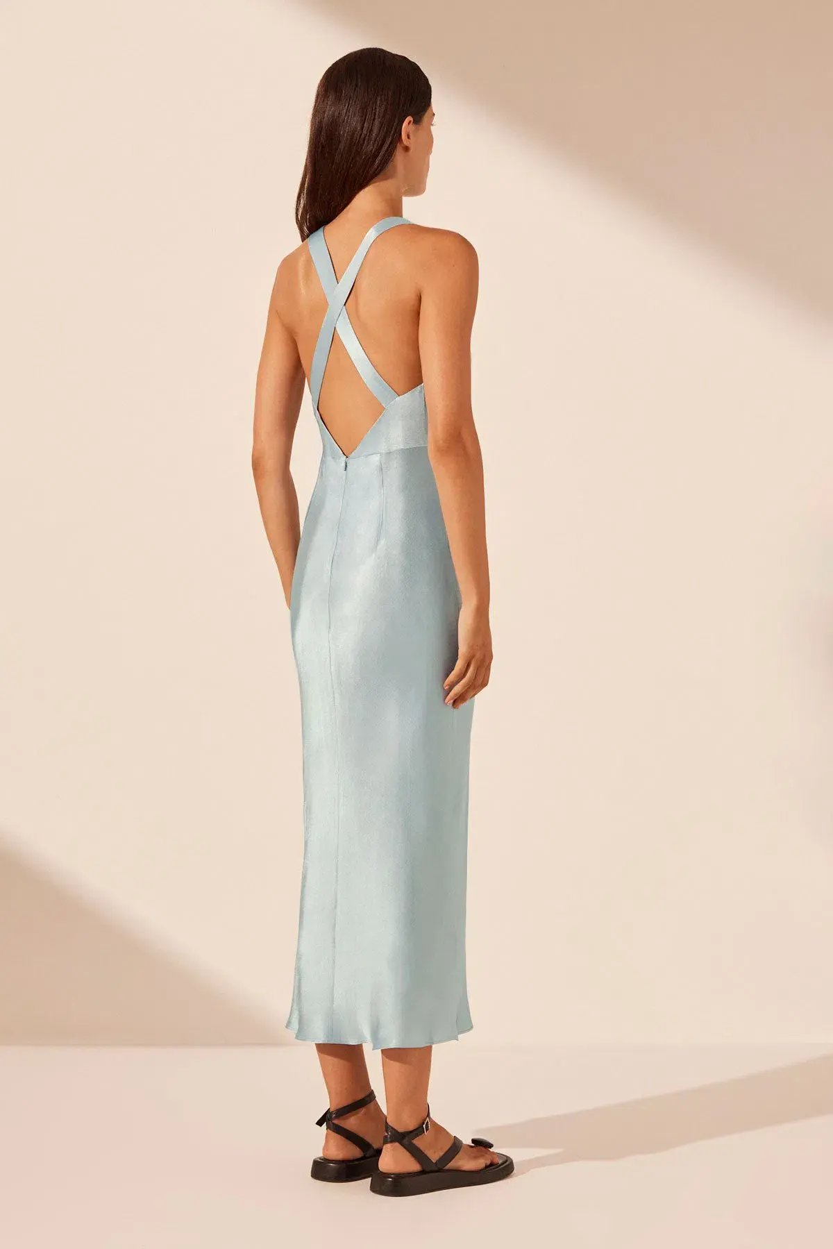 Shona Joy Camille Lace Cross Back Midi Dress Cool Blue/Black Size 6 photo 2