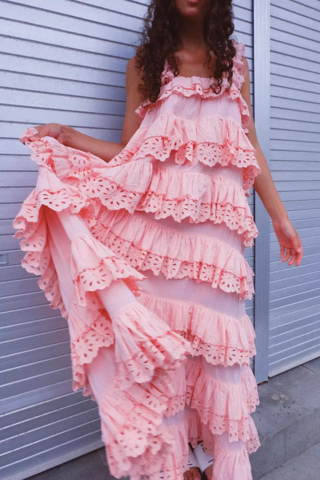 Innika Choo Schiffli Scallop Frill Maxi Dress Pink One Size photo 3