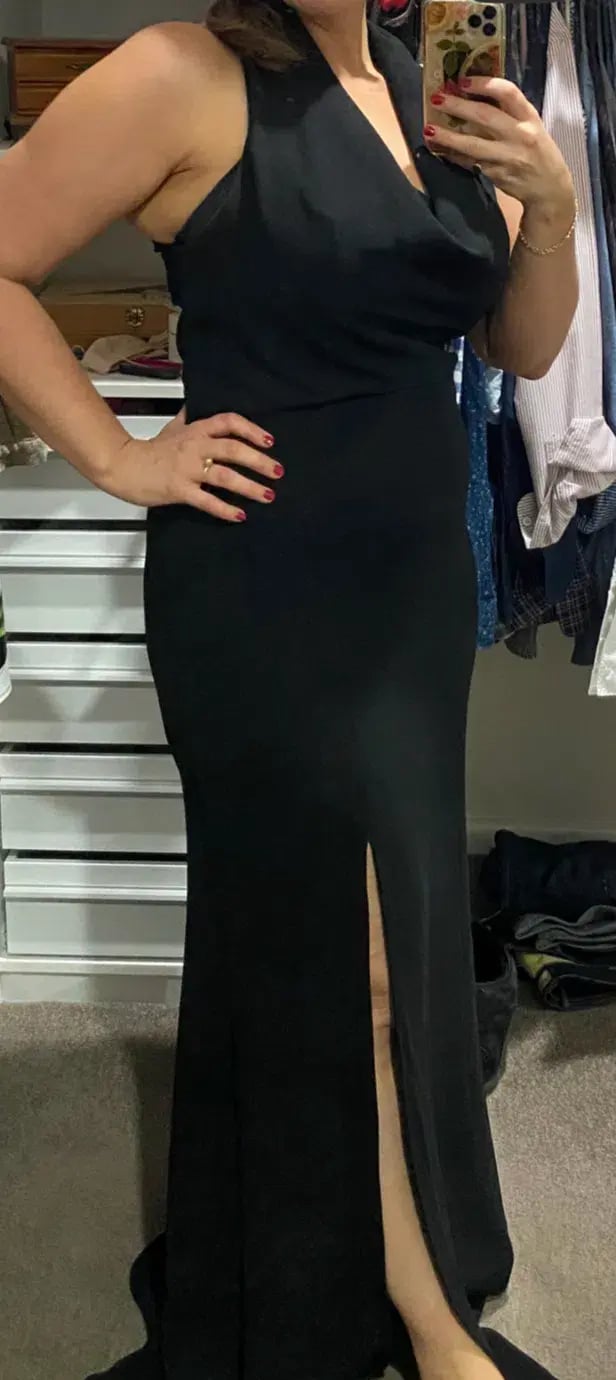 Rodeo Show Cowl Neck Front Split Gown Black Size 12 photo 3