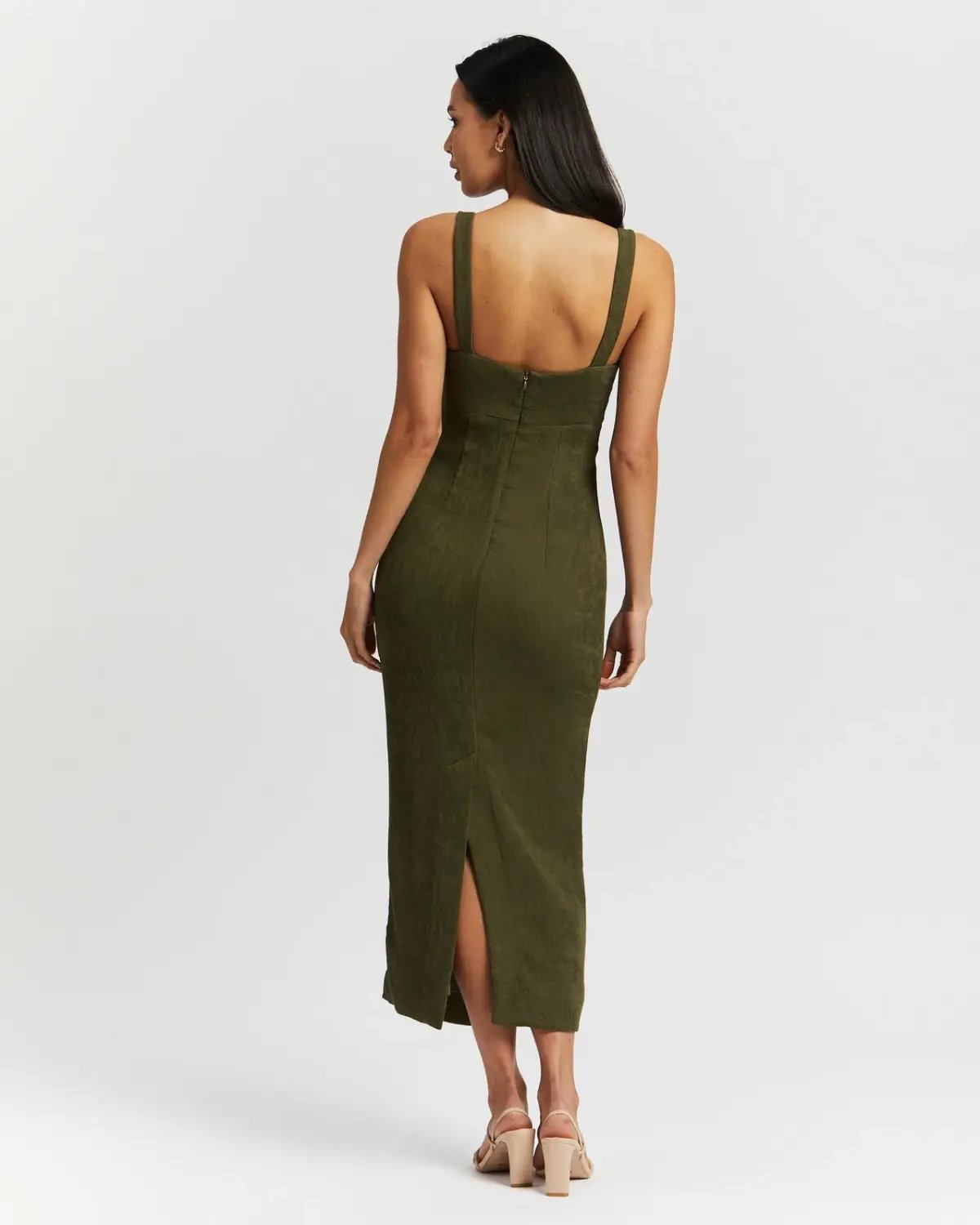 Shona Joy Simone Fitted Cut Out Midi Dress Olive Green Size 6 photo 3