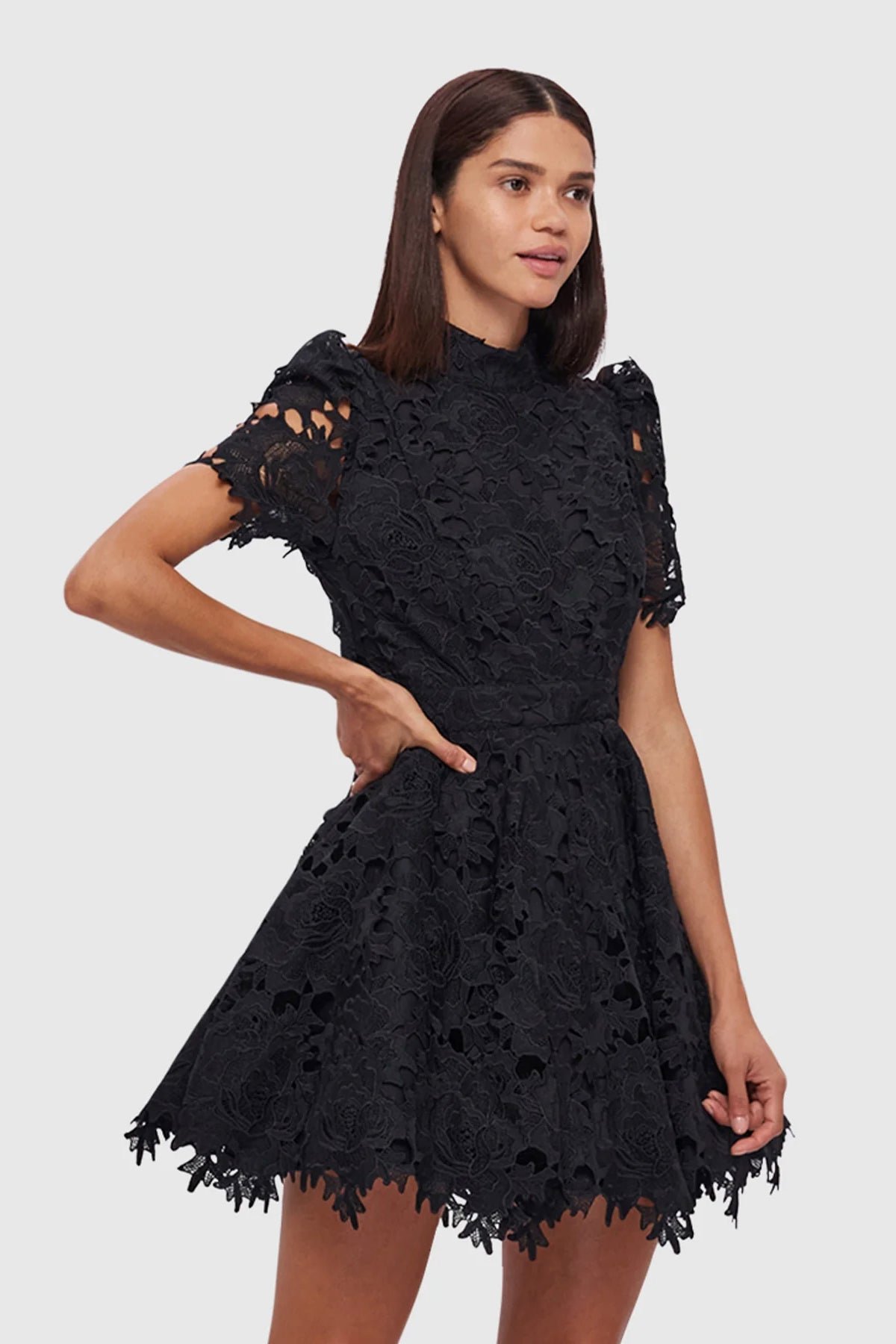 LEO LIN ELISE LACE SHORT SLEEVE MINI DRESS - EBONY photo 2