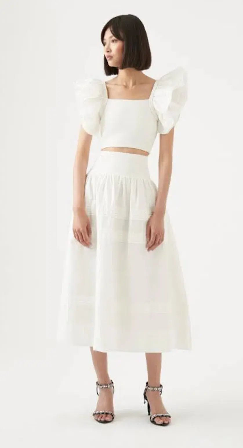 Aje Corinne Knit Bodice Crop Top and Rosalie Knit Waist Midi Skirt Set in Ivory Size XL / AU 16 photo 2