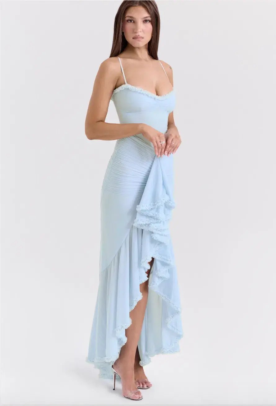 House of CB Gabbi Ice Blue Mesh Ruffled Front Gown Size AU 6 photo 6