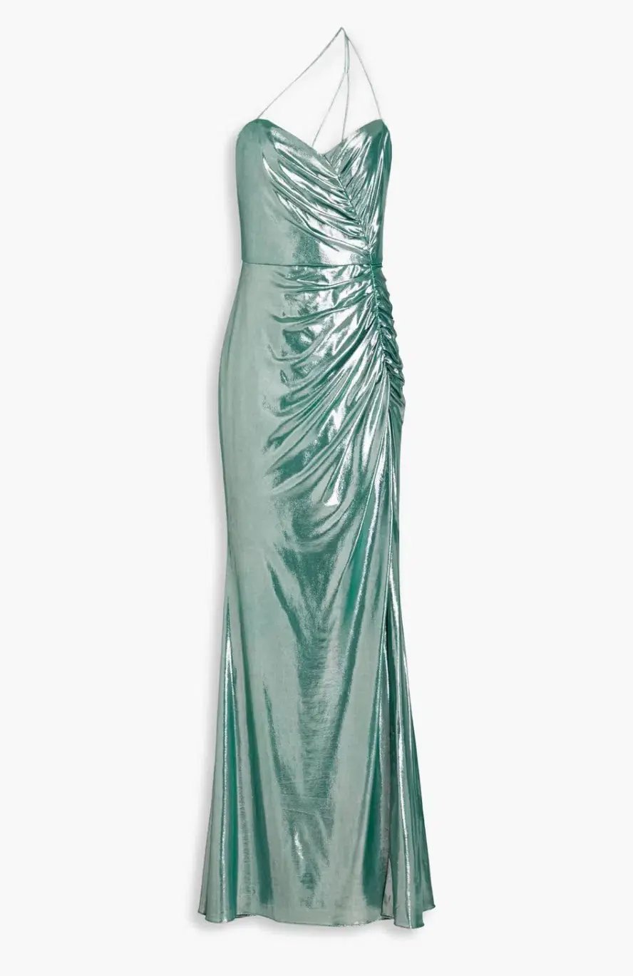 Marchesa Notte One-Shoulder Ruched Metallic Stretch-Jersey Gown Metallic Green Size 10 photo 3