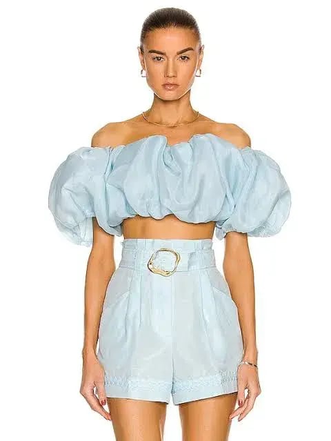 Aje Riviera Off Shoulder Tube Silk Top & Braided Silk Short Set Ice Blue Size 8 photo 6