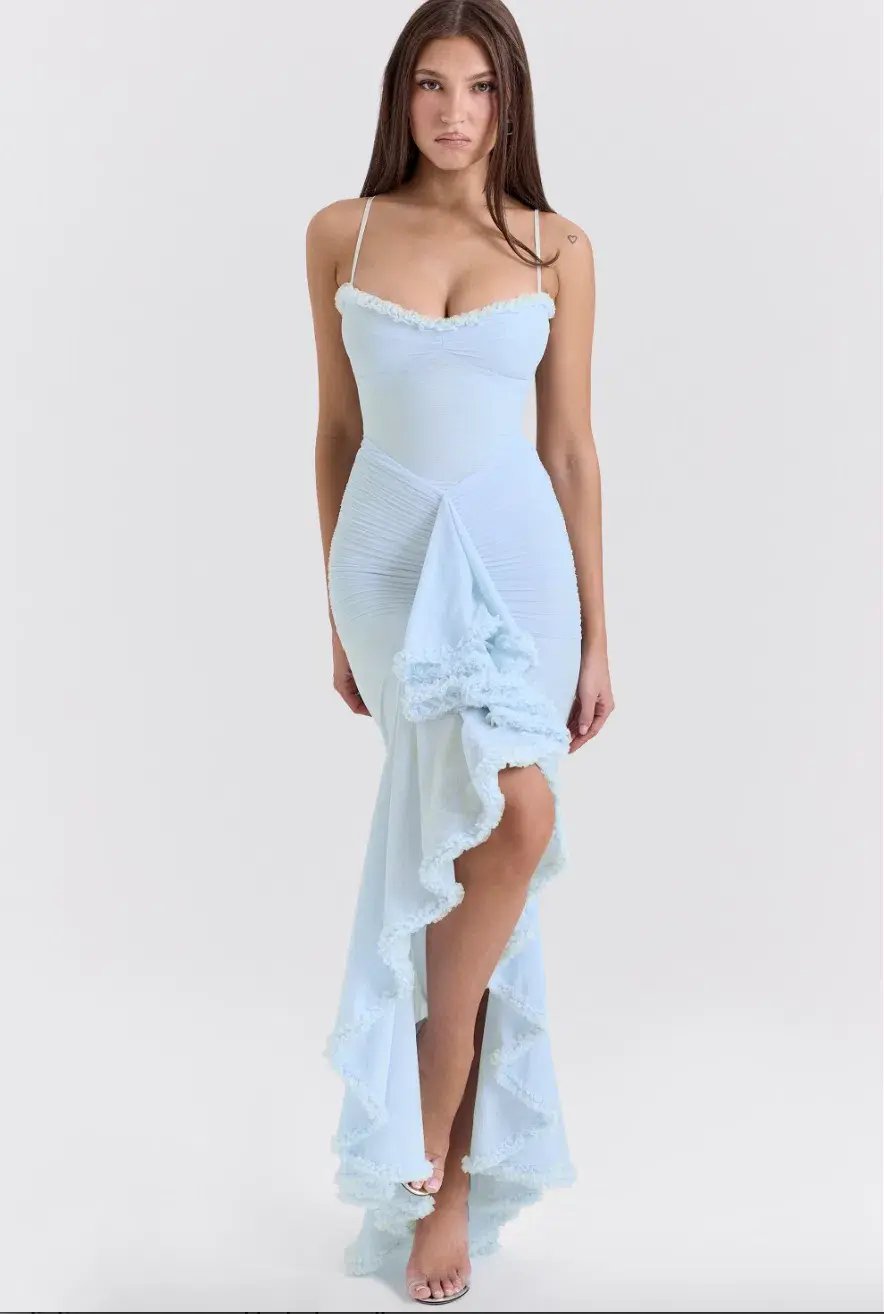 House of CB Gabbi Ice Blue Mesh Ruffled Front Gown Size AU 6 photo 4