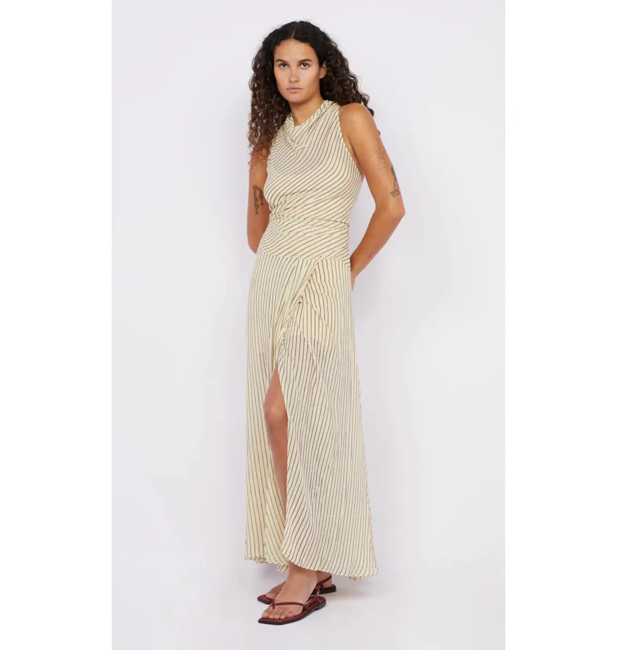 Bec & Bridge Anise High Neck Dress in Butter/Plum Stripe Size AU 8 photo 3