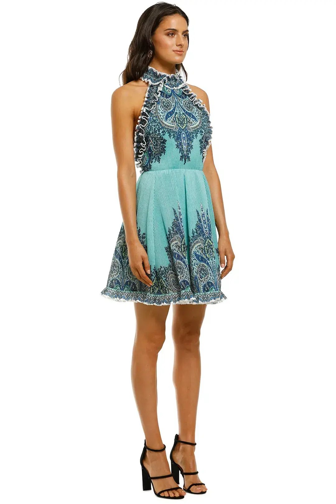 Zimmermann Moncur Ruffle Neck Mini Dress Aqua Paisley Print Size 2/ Au 12 photo 2