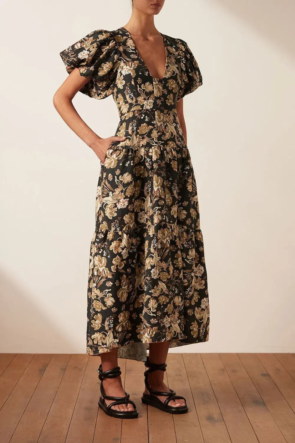 Shona Joy Linen Plunged Short Sleeve Midi Dress Palermo Print Size 12 photo 2