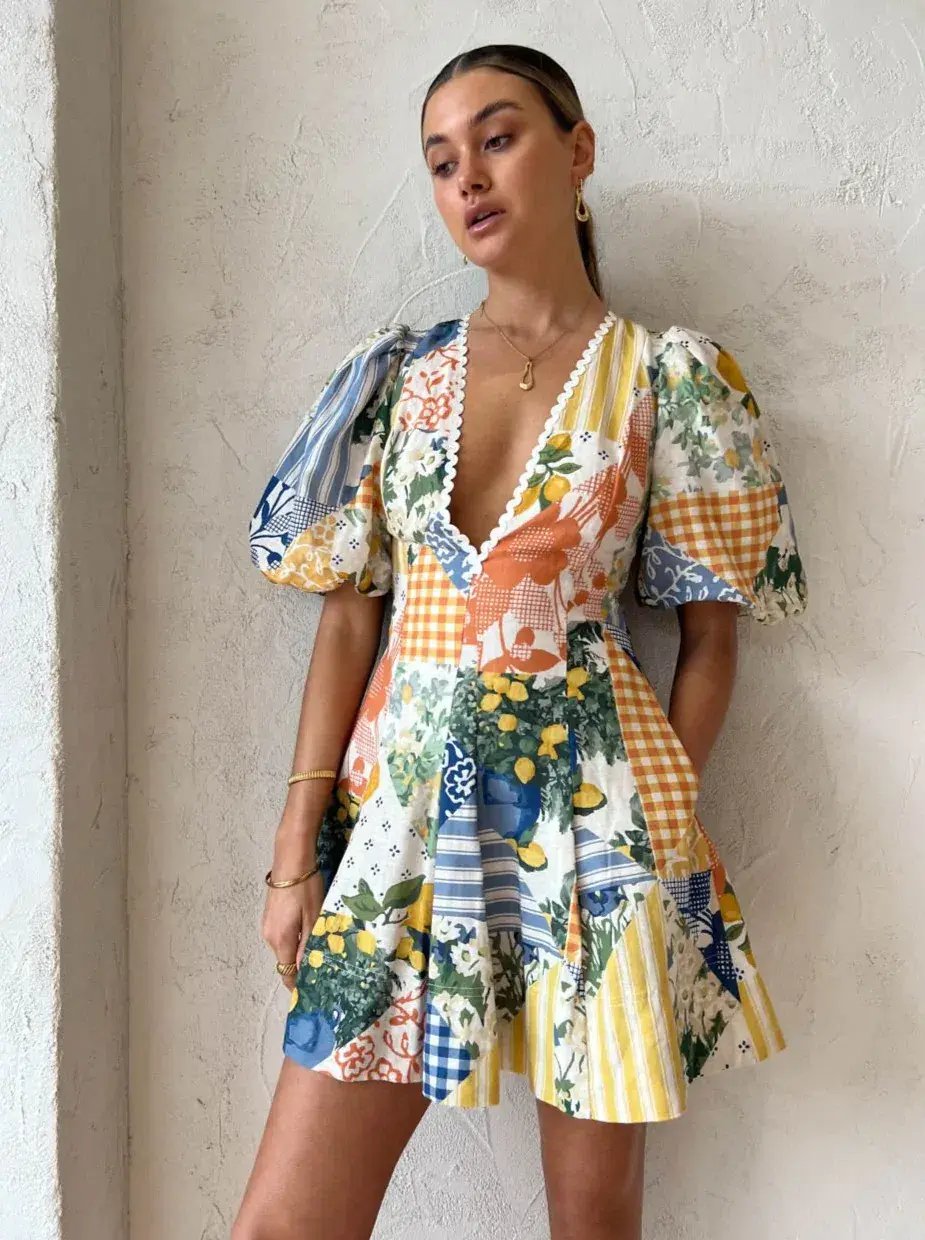 By Nicola Wavy Mini Dress Lemon Patchwork Size 6 photo 5