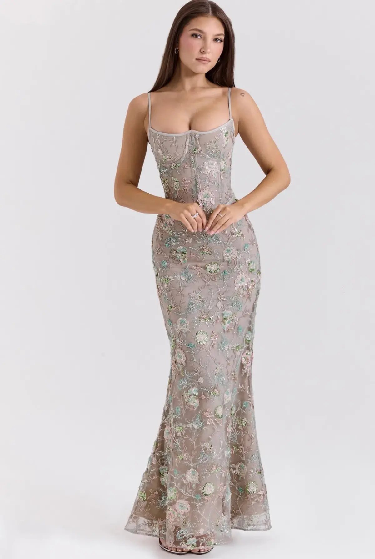 House of CB Naima Embellished Beaded Corset Maxi Dress Silver size 6 photo 2