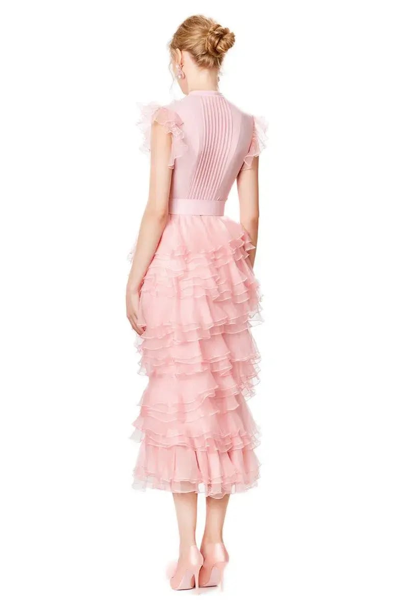 Ivan Young Silk Ruffles Tiered Midi Dress Pink Size 8 photo 3
