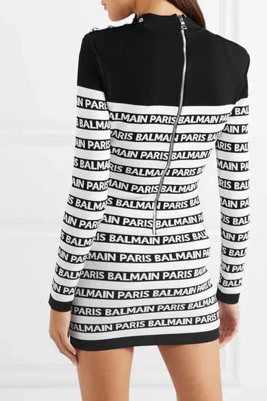 Balmain Button Embellished Fitted Logo Striped Mini Dress Black/White Size 8 photo 2