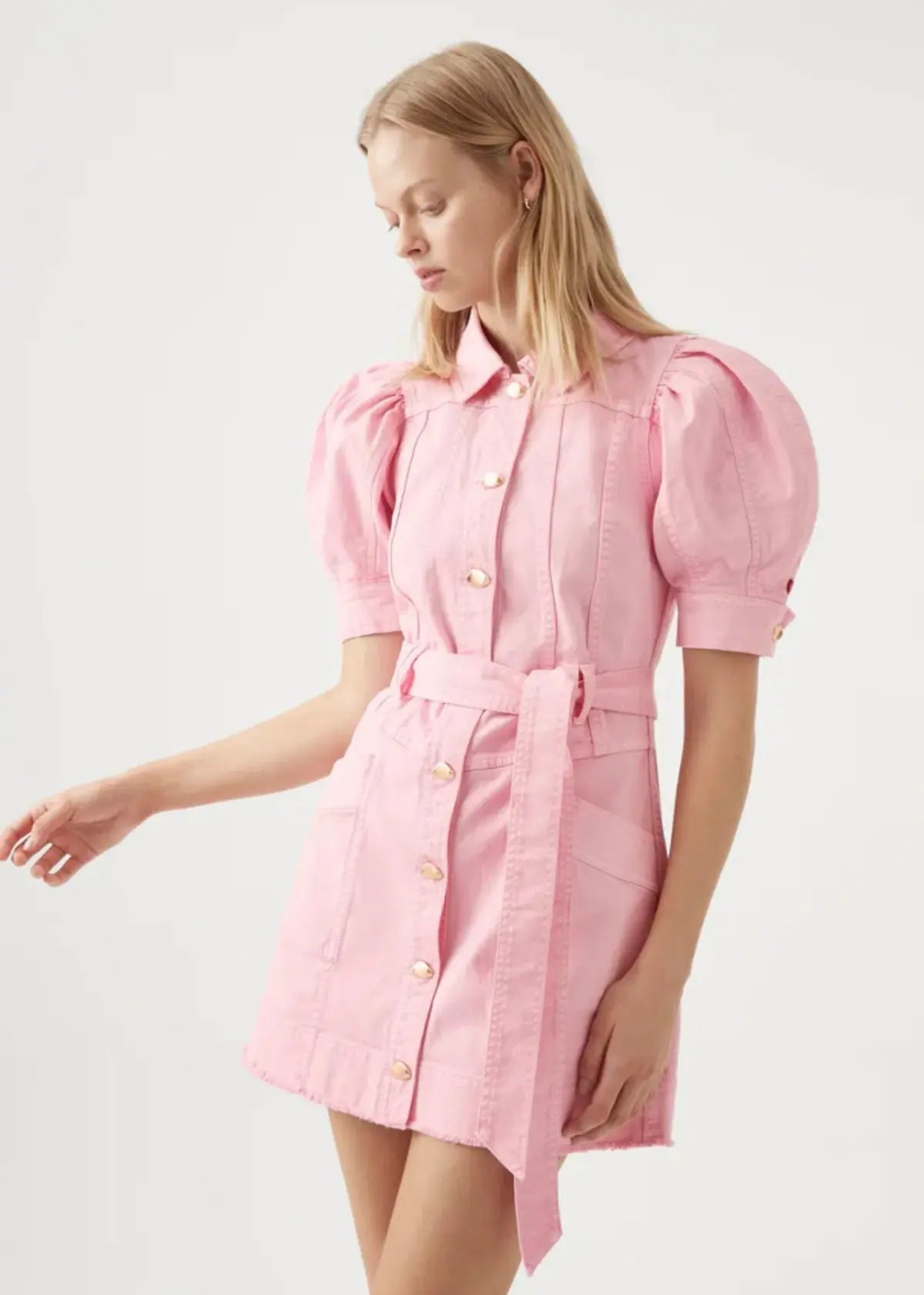 AJE Flora Denim Puff Sleeve Mini Dress Bon Bon Pink Size 14 photo 4