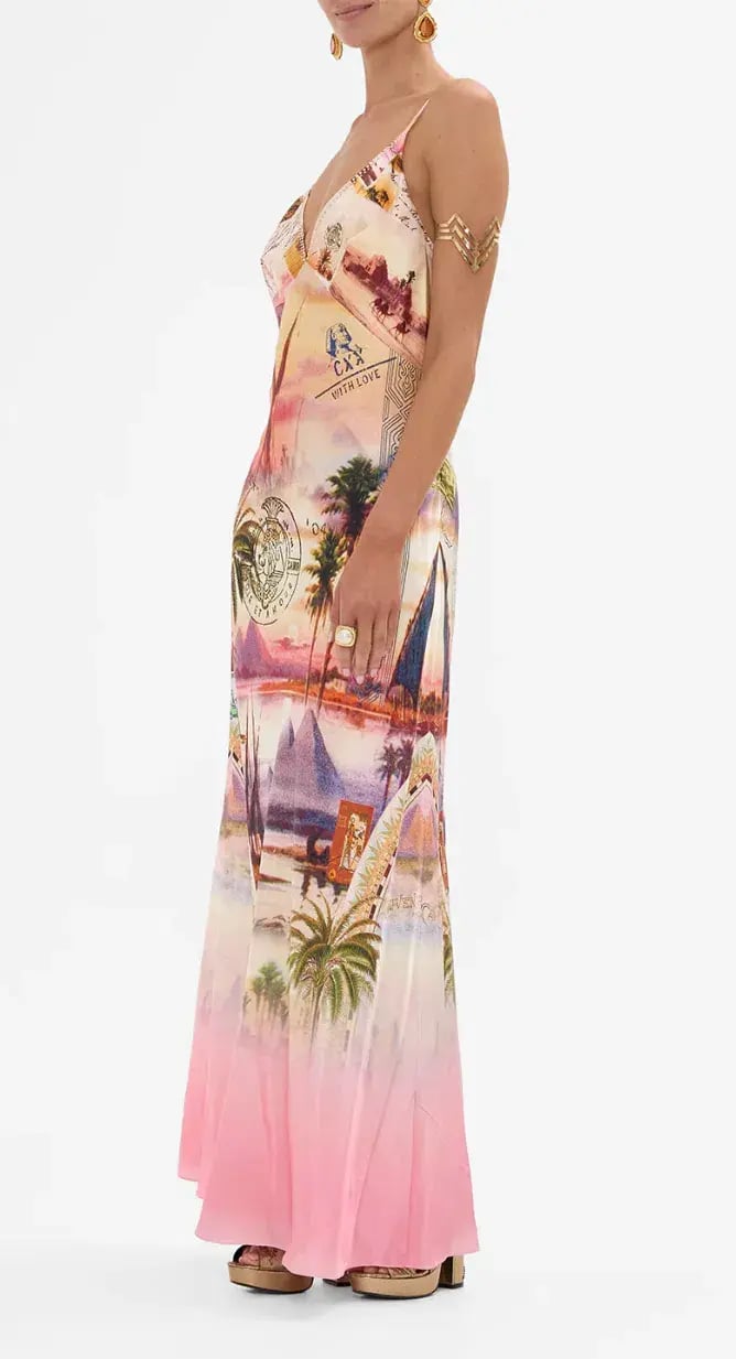 Camilla V Neck Full Length Bias Slip Dress Millas Got Mail Print Size L / AU 14 photo 2