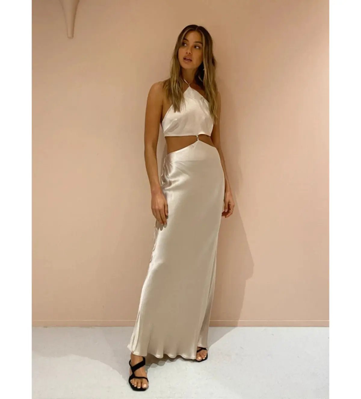 Bec & Bridge Kara Halter Maxi Satin Cut-out Dress in Sand Size AU10 photo 2